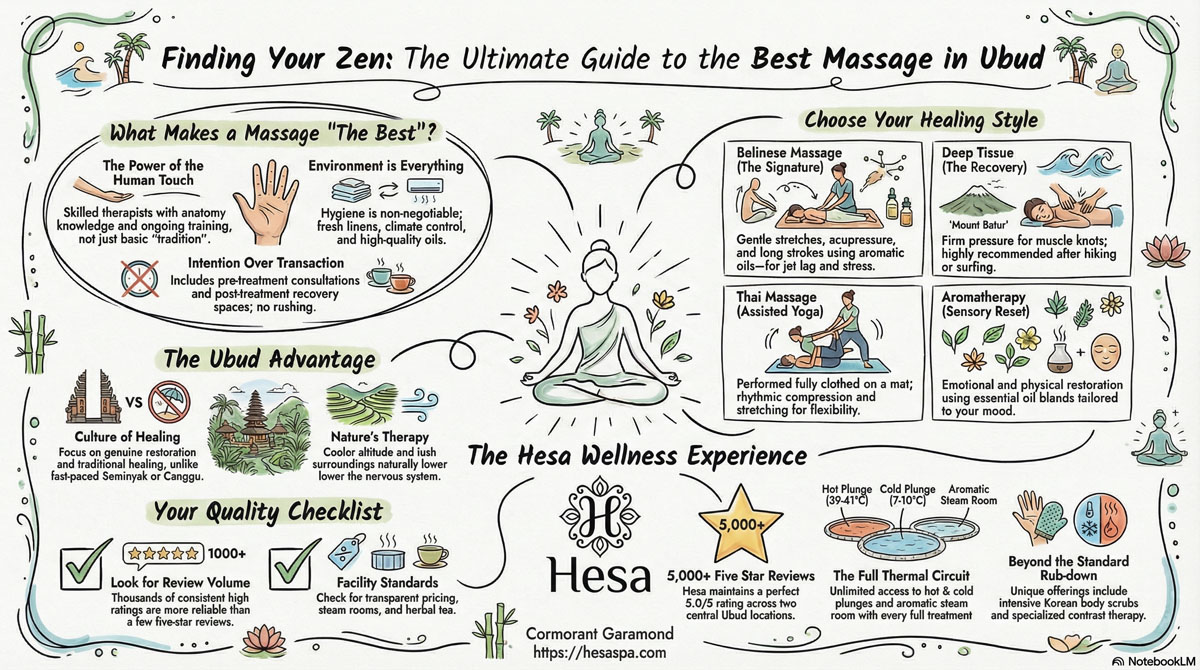 Infographic guide to finding the best massage in Ubud, covering massage styles, what to look for, and top-rated spa features