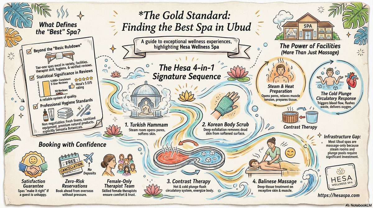 Infographic showing what sets the best spa in Ubud apart, including treatment variety, facilities, therapist quality, and review ratings