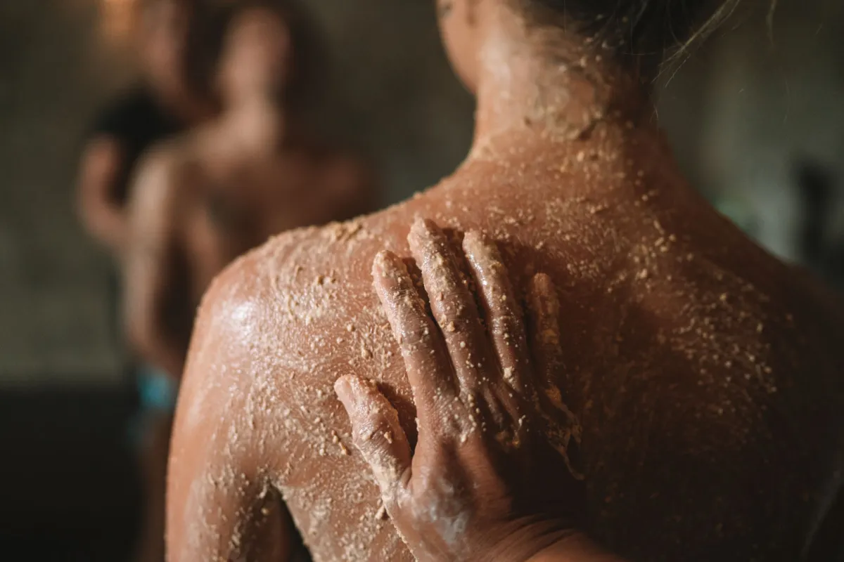 Boreh herbal scrub applied to body Hesa Wellness Spa Ubud treatment