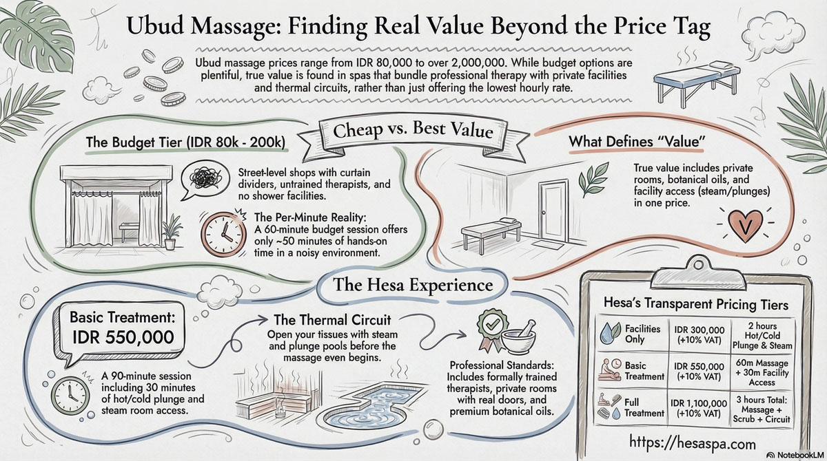 Infographic comparing cheap massage options in Ubud by price range, showing what you get at budget, mid-range, and premium tiers
