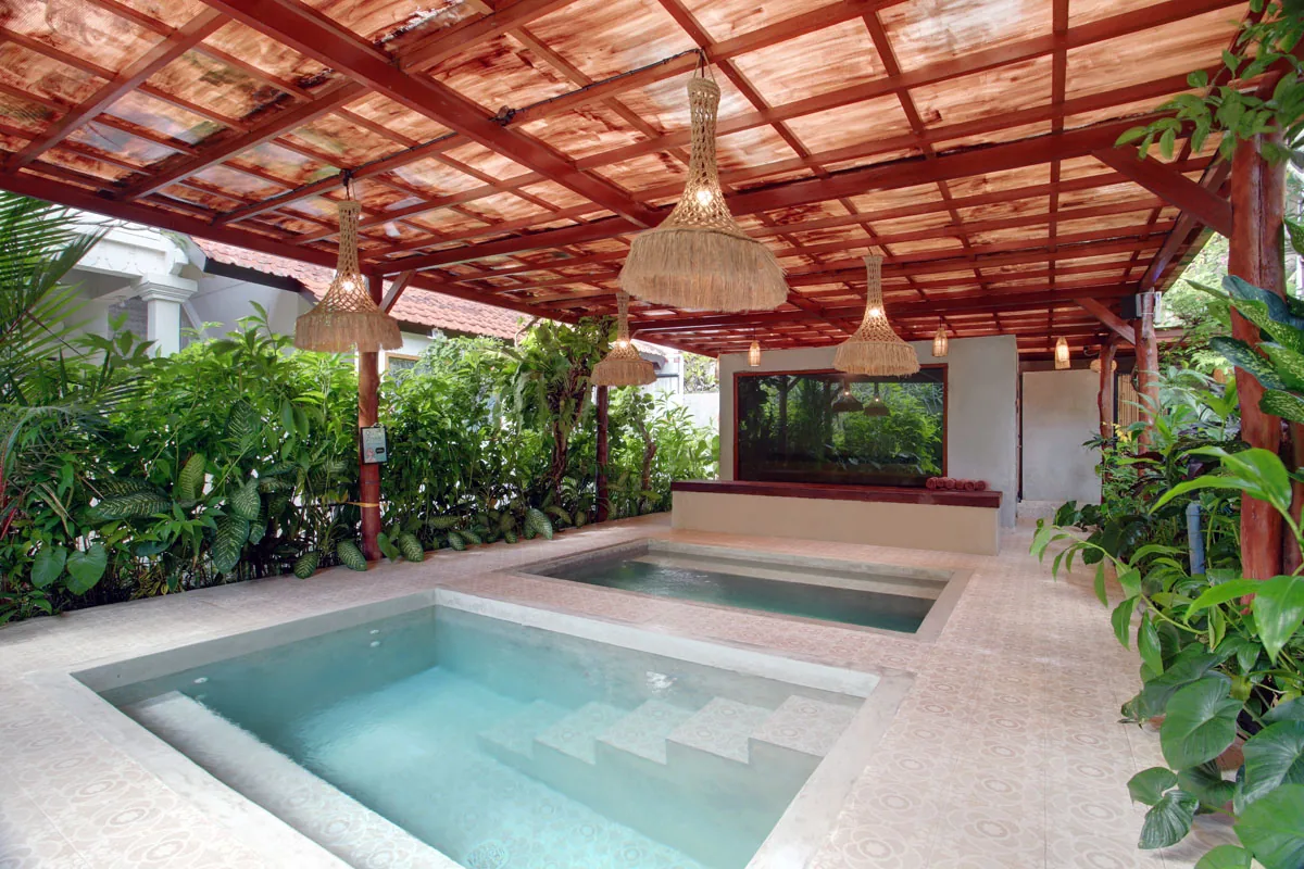 Hesa Downtown hot and cold plunge pools in tropical garden, Ubud Bali
