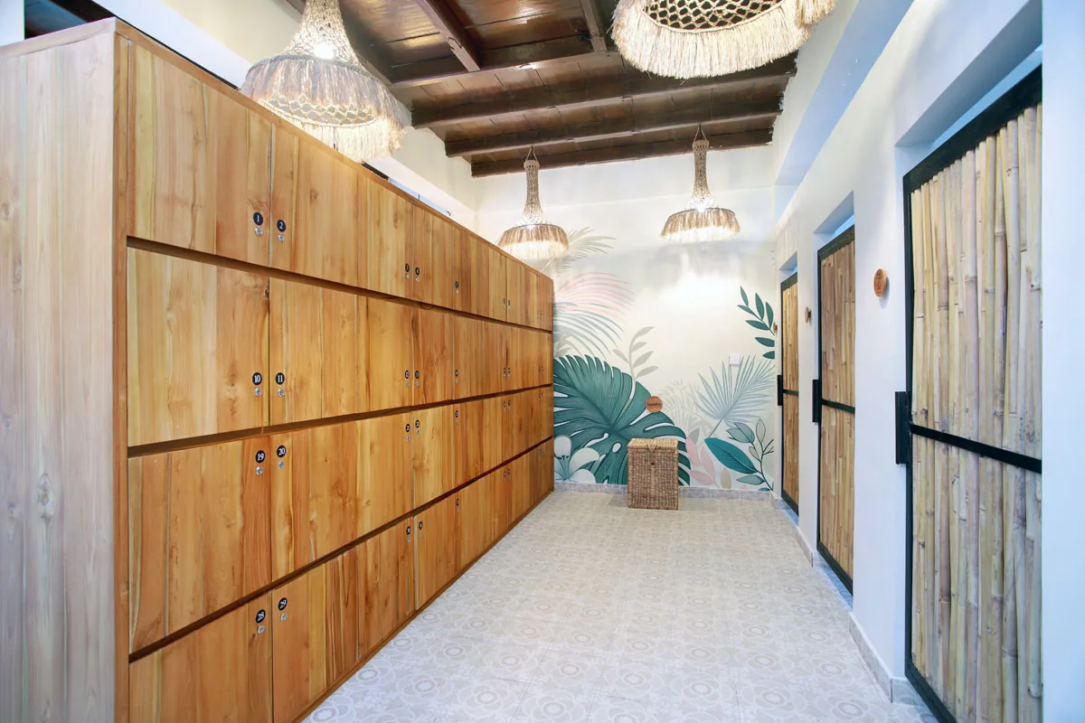 Hesa Downtown locker room with wooden lockers, Ubud Bali