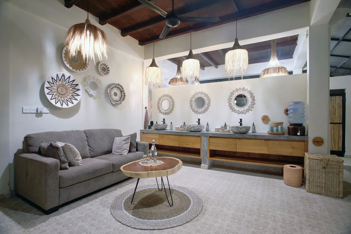 Hesa Downtown refreshment lounge with vanity sinks at evening, Ubud Bali