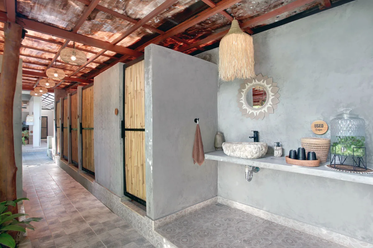 Hesa Downtown hallway leading to treatment rooms with bamboo doors, Ubud Bali