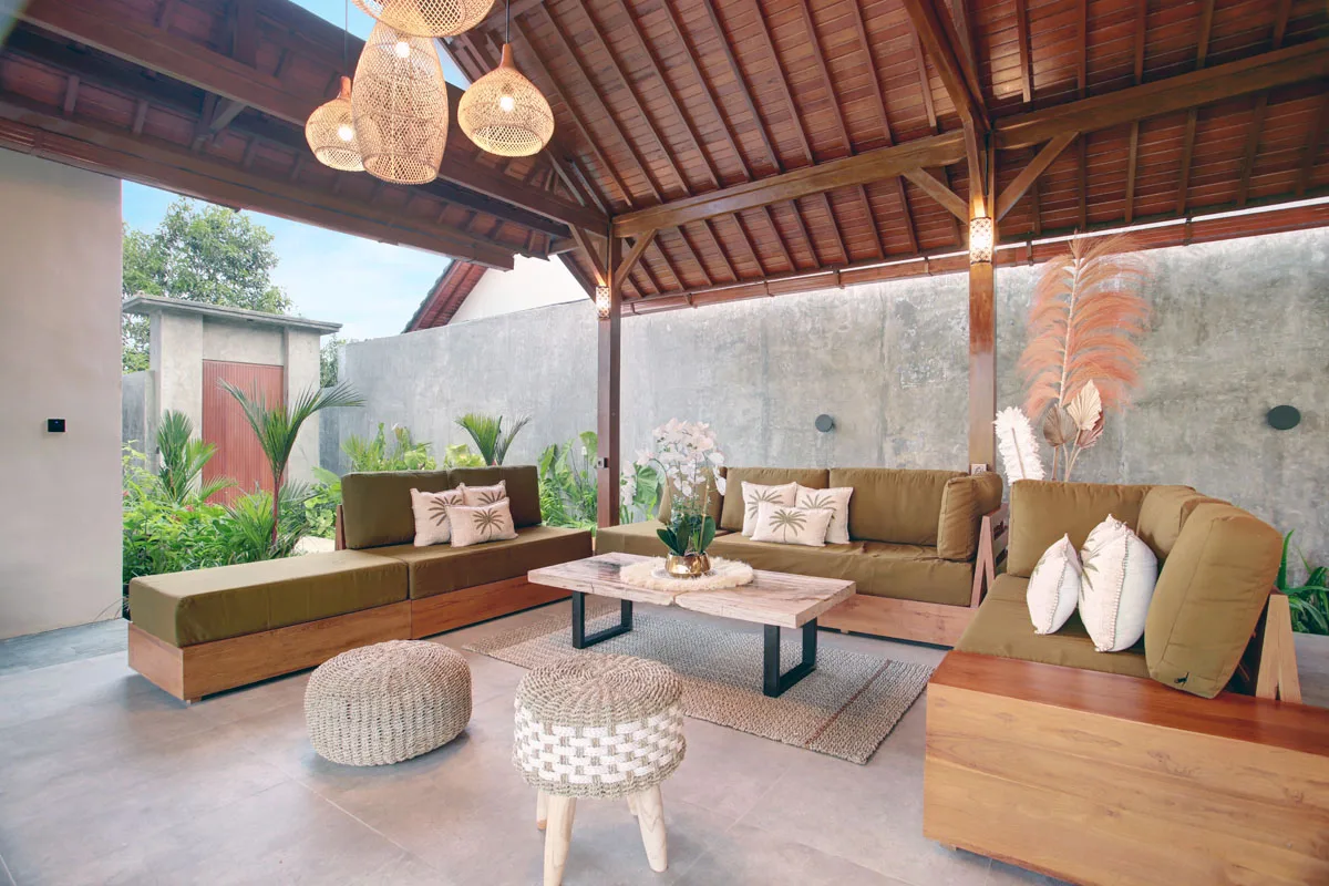 Open-air lounge with sofas at Hesa Villas Ubud Bali