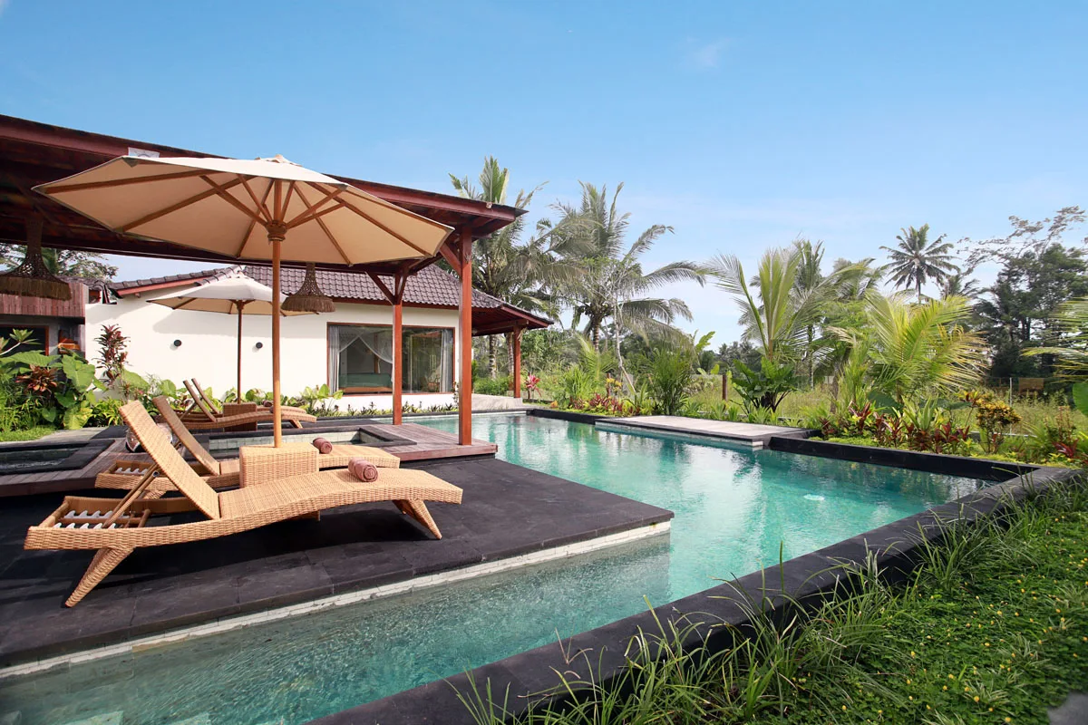 Rice field view from private pool at Hesa Villas Tegallalang Ubud