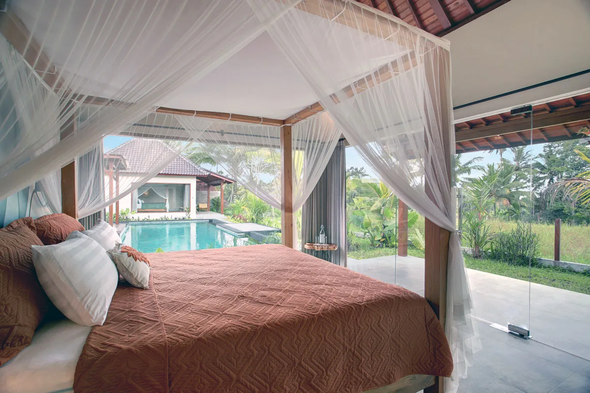 South Villa bedroom with rice field view Hesa Villas Ubud Bali