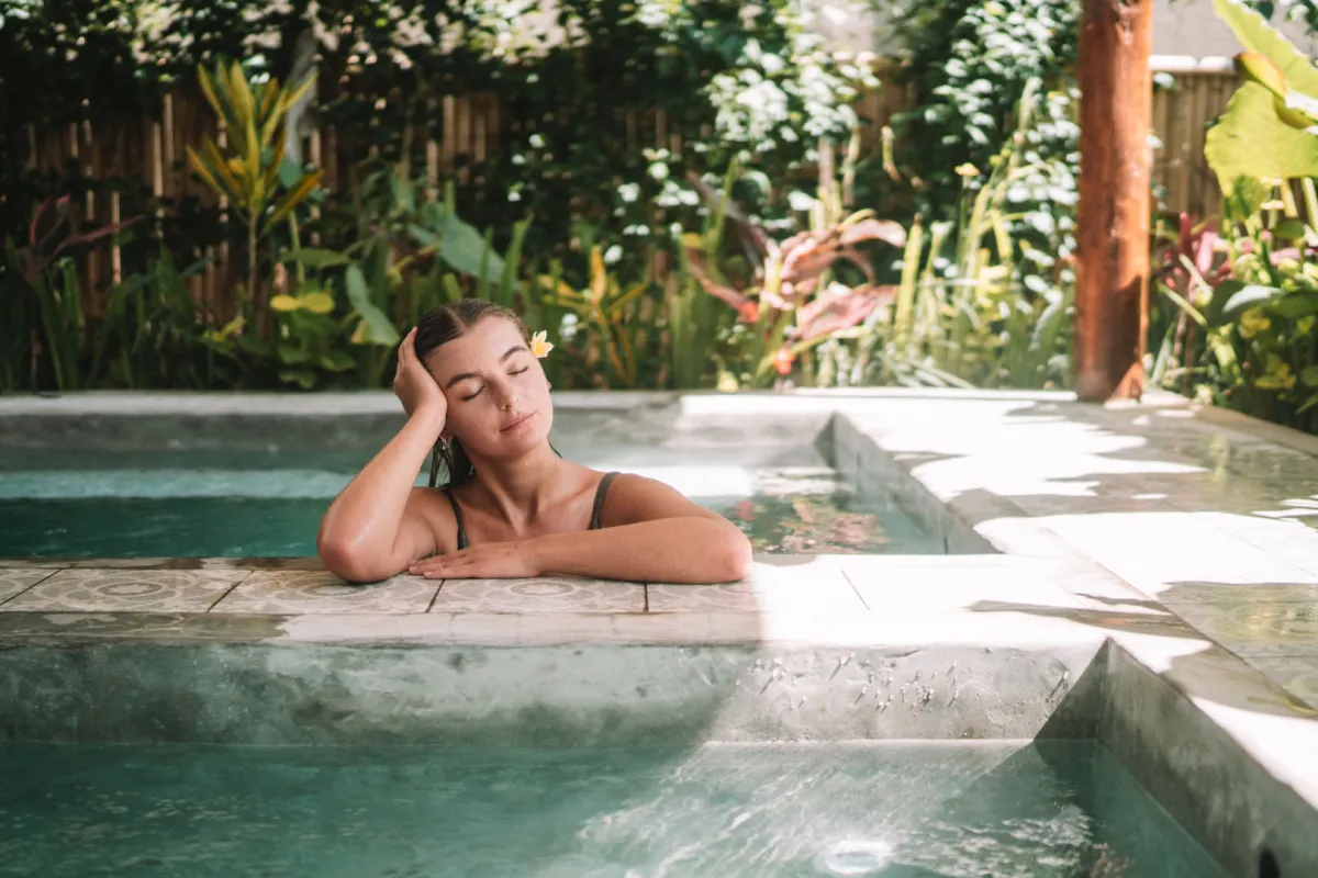 Entering the plunge pool at Hesa Spa Ubud Bali